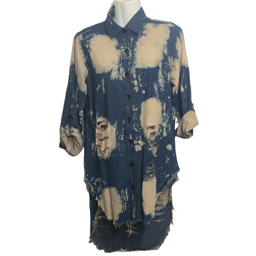Thrill Denim Shirt Bleached Destroyed Ripped Cotton